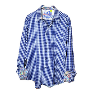 Robert Graham Classic Fit Men's Button Down Blue & White Plaid Shirt Size L